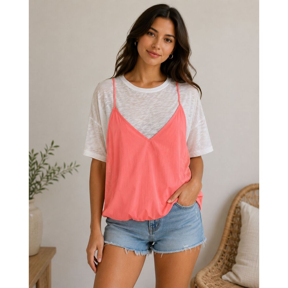 Free People Movement Good Two Me Layered T-Shirt Cami Cream/Pink Medium